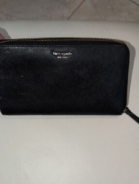 Kate Spade Large Black Zip Around Leather Wallet with Gold Logo
